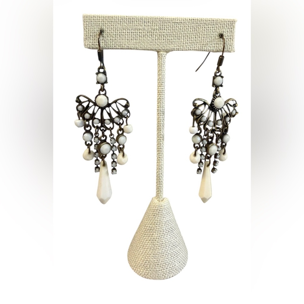 #758 Gold-Tone‎ White Beaded Chandelier Drop Earrings